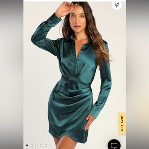 NWT Lulus teal satin long sleeve mini dress sold out online